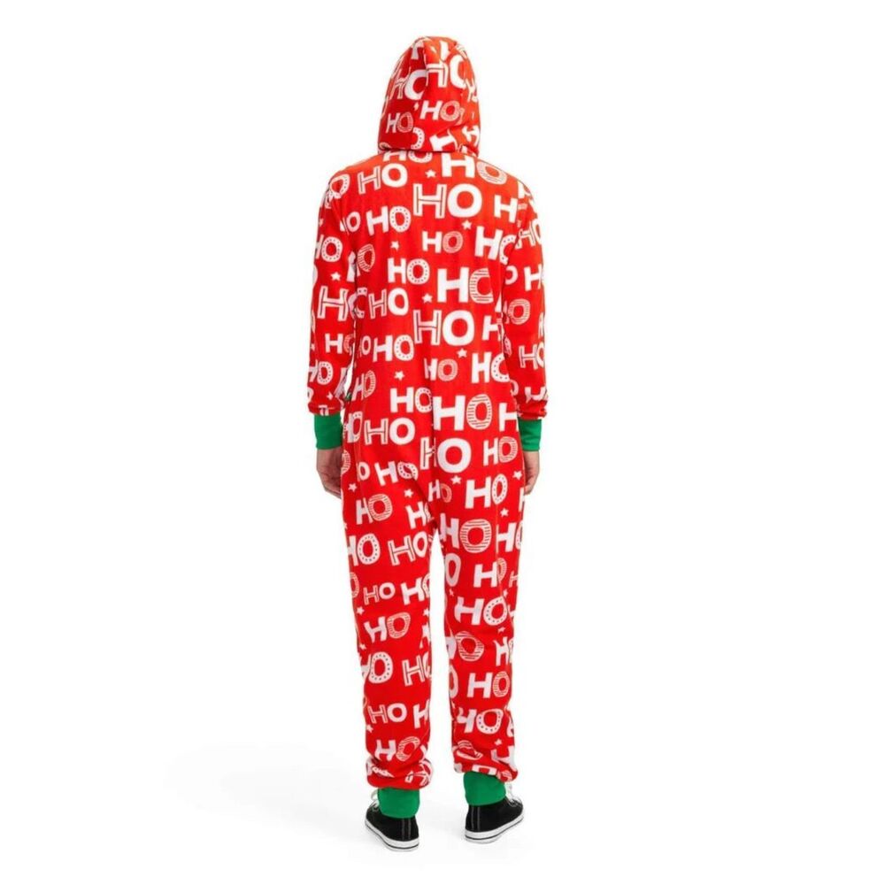 Tipsy Elves $80 unisex Ho Ho Ho Full Zip Holiday Fleece pajamas one piece Red Sm - Picture 2 of 9